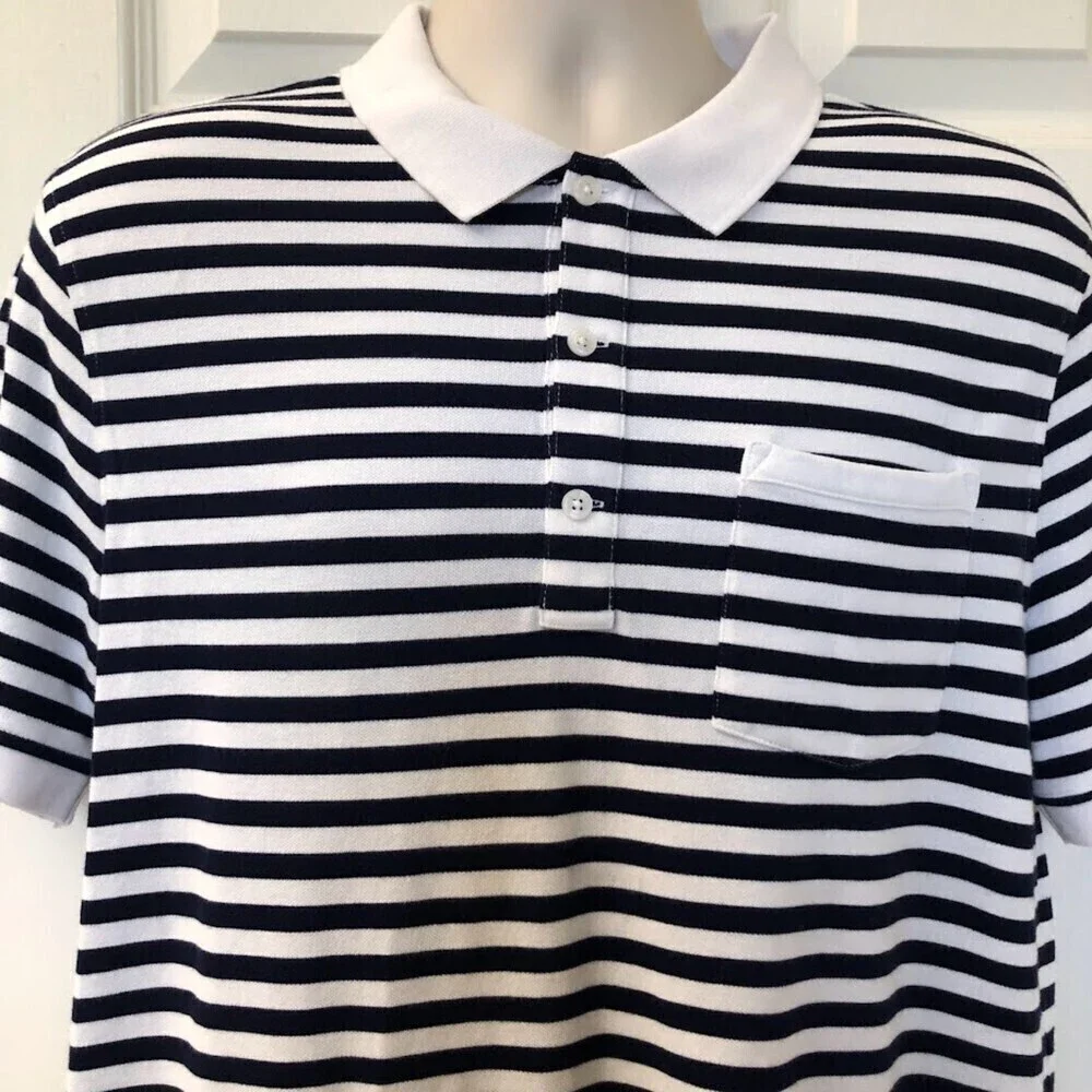 J Crew Authentic Men's Navy Blue Striped Polo Shirt Large Stretch Pique Knit
